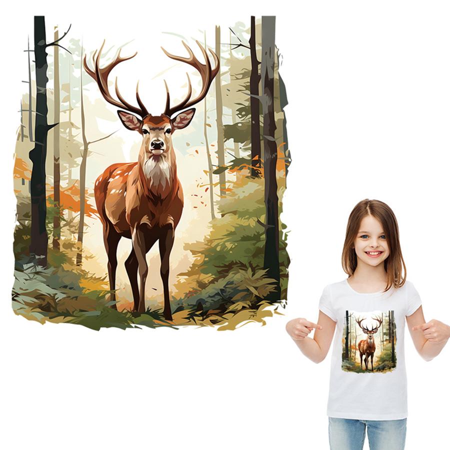 1/2pcs, Deer In The Forest Heat Transfer Patch, Animal Deer Fir Tree Painting Vinyl Iron On Decal, For Bags Pajamas Skirts