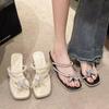2025 Summer French Toe High Heel Sandals Fairy Wind Bow Rhinestone Retro Thick Heel Cool Slippers New