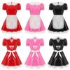 Women's Wet Look Leather French Maid Cosplay Costume Puff Sleeve Party Mini Dress