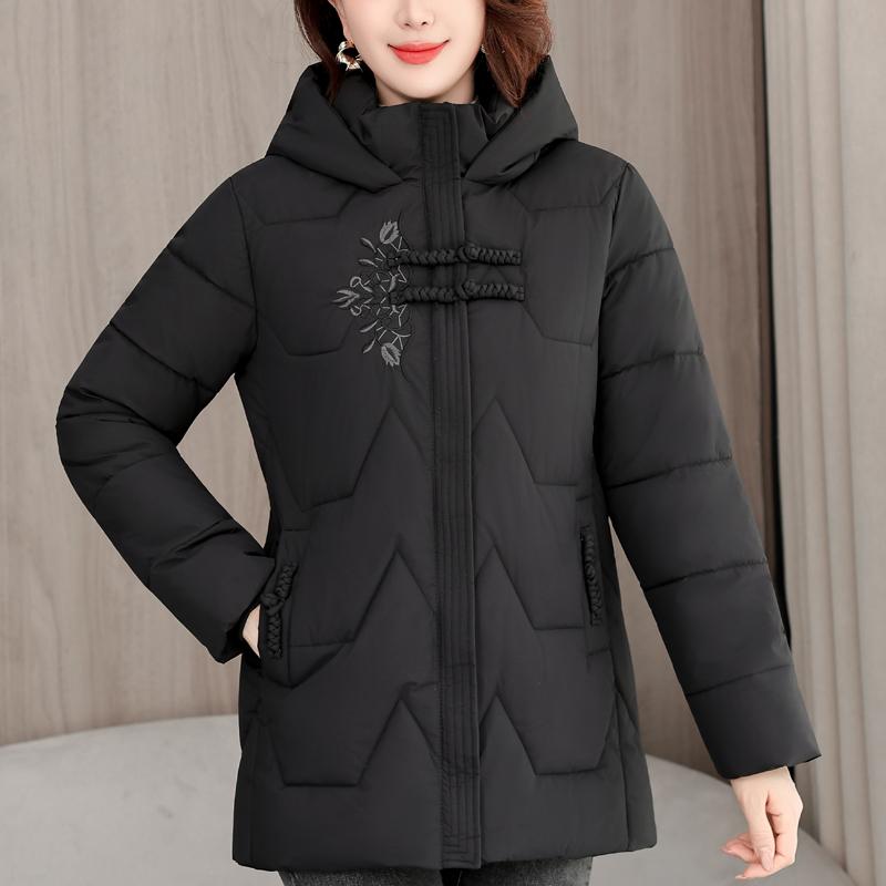 Женские зимние куртки среднего возраста с капюшоном, вышивкой, повседневная теплая парка, женское теплое пальто