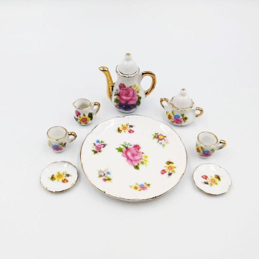 Floral Print Doll Porcelain Tea Set Dish Plate Miniature Cups Pot Pretend Play