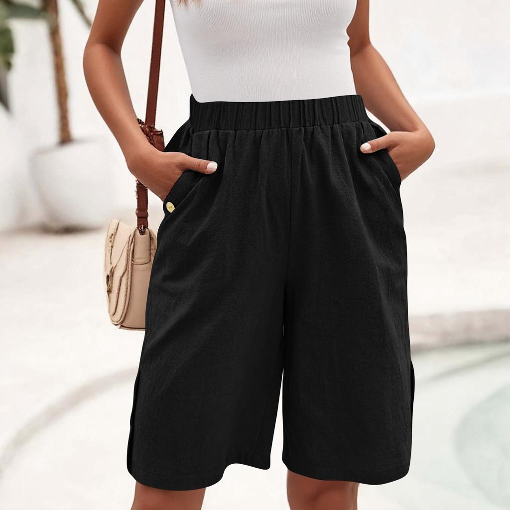 Шорты-бермуды для женщин, широкие льняные шорты длиной до колена, летние повседневные длинные шорты, свободные, с высокой талией, с карманами