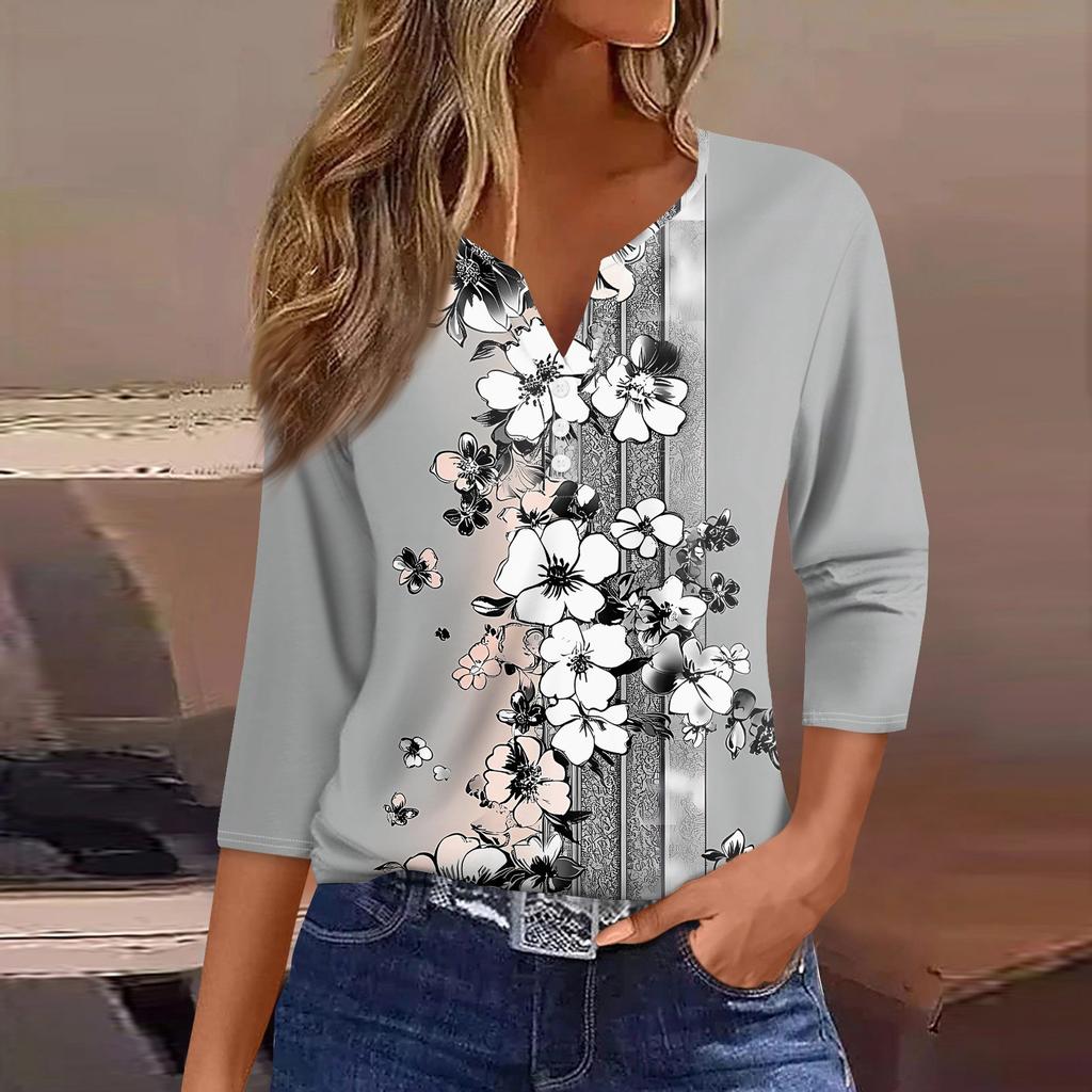Жен. Футболка С принтом Пуговицы Рукав 3/4 Повседневные Выходные Мода Классический Классический V-образный вырез Обычный Верх