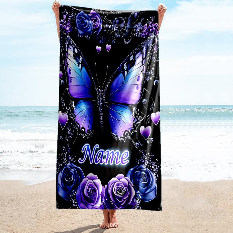 1PC Custom Name Purple Butterfly Roses Beach Towel Highly Absorbent And Sand-Resistant Towel for Swimming, Pool, Yoga, And Travel Lightweight