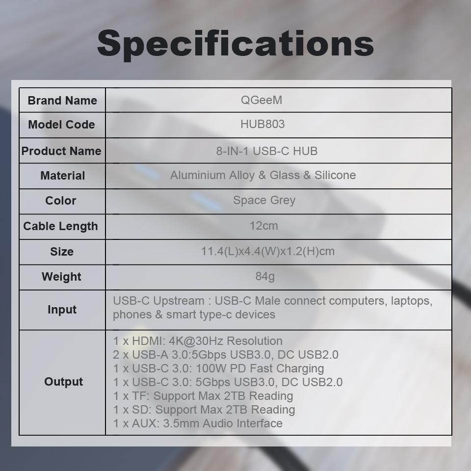 QGeeM 8 портов USB C Hub для Macbook Pro Air Type C Hub 3,0 Адаптер TF SD 3,5 мм PD Aux HDMI Type C Hub для iPad Pro ПК Разветвитель док-станции