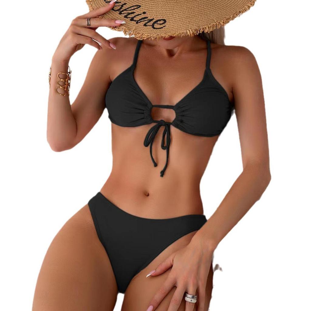 2024 Евро-американский однотонный купальник бикини на шнуровке - Сексуальный раздельный купальник для пляжного отдыха
