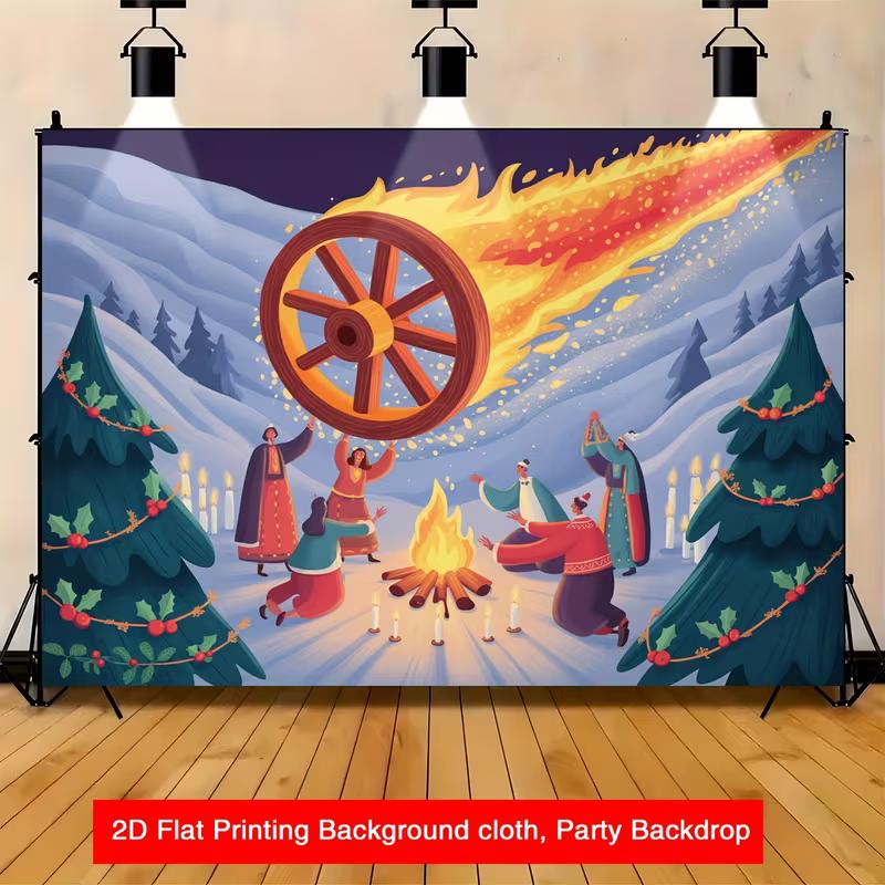 2D Nordic Fire Wheel Festival Party Backdrop with Bonfire Banner Decor