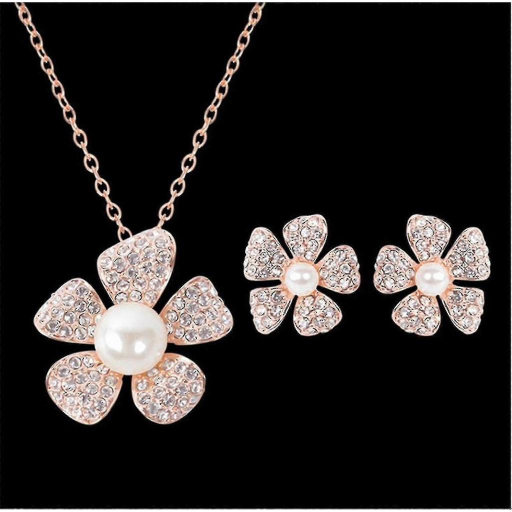 2025 New Design Flower Pearl Diamond Rose Gold Flower Ladies Jewelry Set