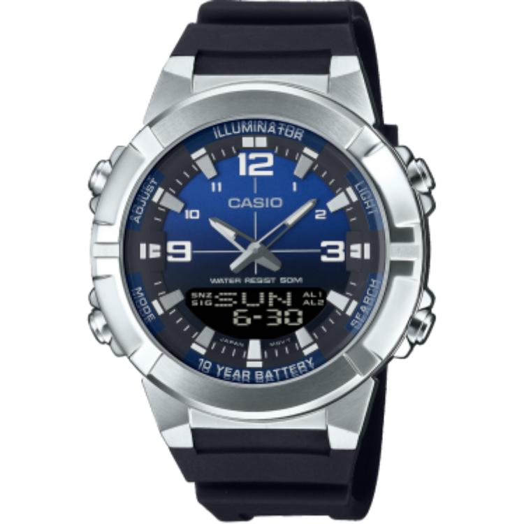 Casio Часы на кварцевом механизме с ремешком из смолы, унисекс, синий циферблат AMW-870A-2AV