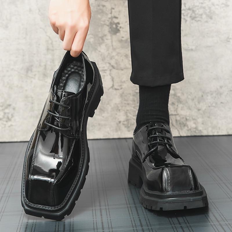 Мужские черные повседневные туфли дерби с толстой подошвой и квадратным носком, модные лакированные оригинальные кожаные туфли, роскошные деловые мужские туфли