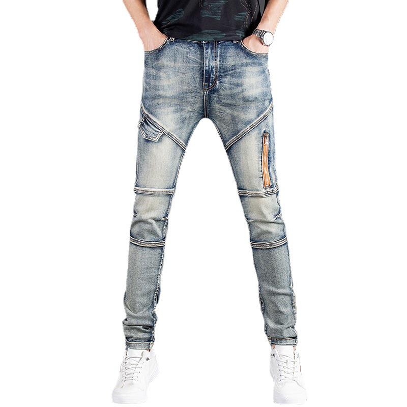 Ностальгические синие эластичные узкие джинсы в мотоциклетном стиле для мужчин - облегающие брюки из денима с модной строчкой