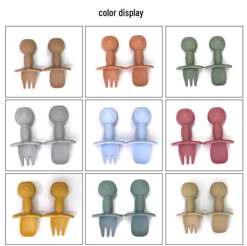 Cartoon Little Bear Silicone Fork and Spoon Set for Children's Eating Training