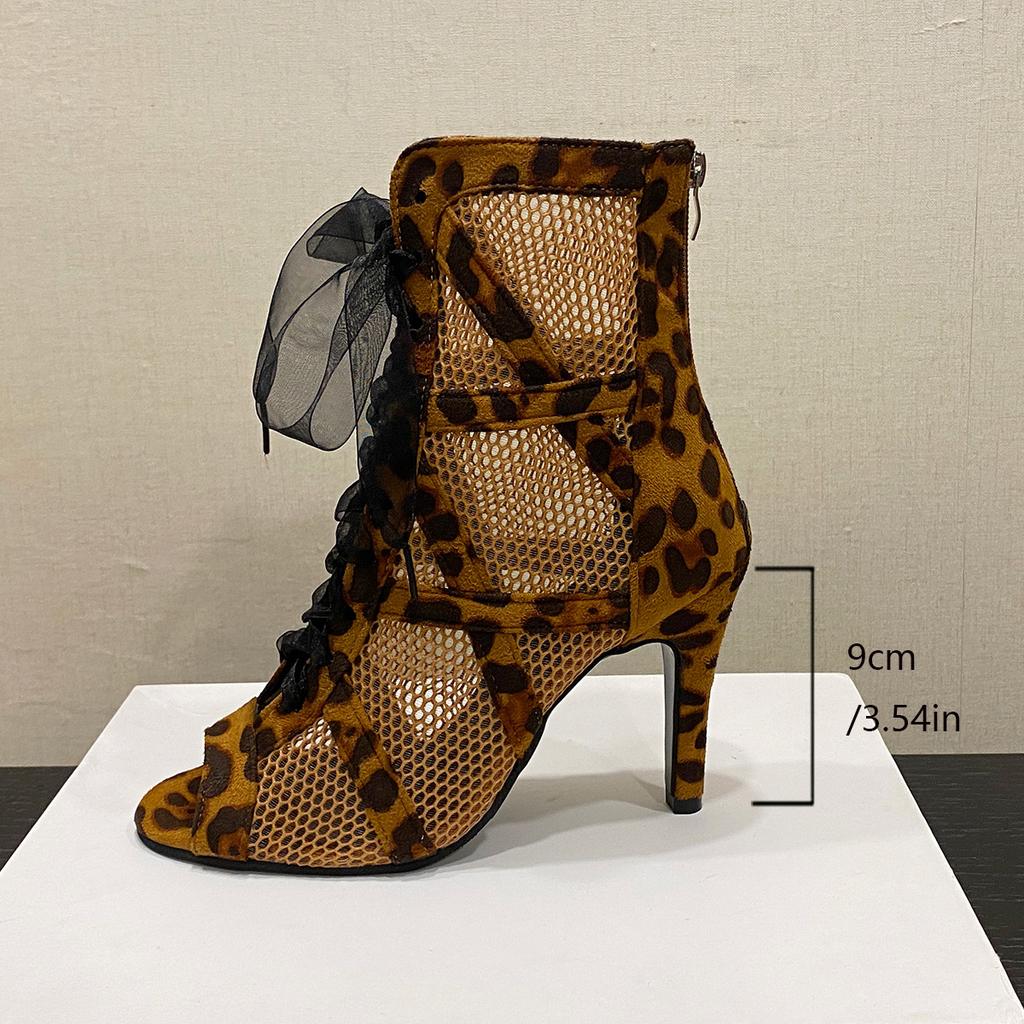 Fashion Female Shoes Leopard Print 2025 Peep Toe Women's Sandals Mesh Ankle Boots High Heel Fishnet Boot Ladies Lace Latin Dance Shoes