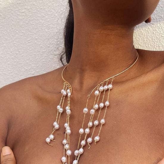 Длинный металлический открытый чокер с кисточками, звездой, искусственным жемчугом, бусины, воротник-кисточка, ожерелье на ключицу, украшения для груди и тела для женщин