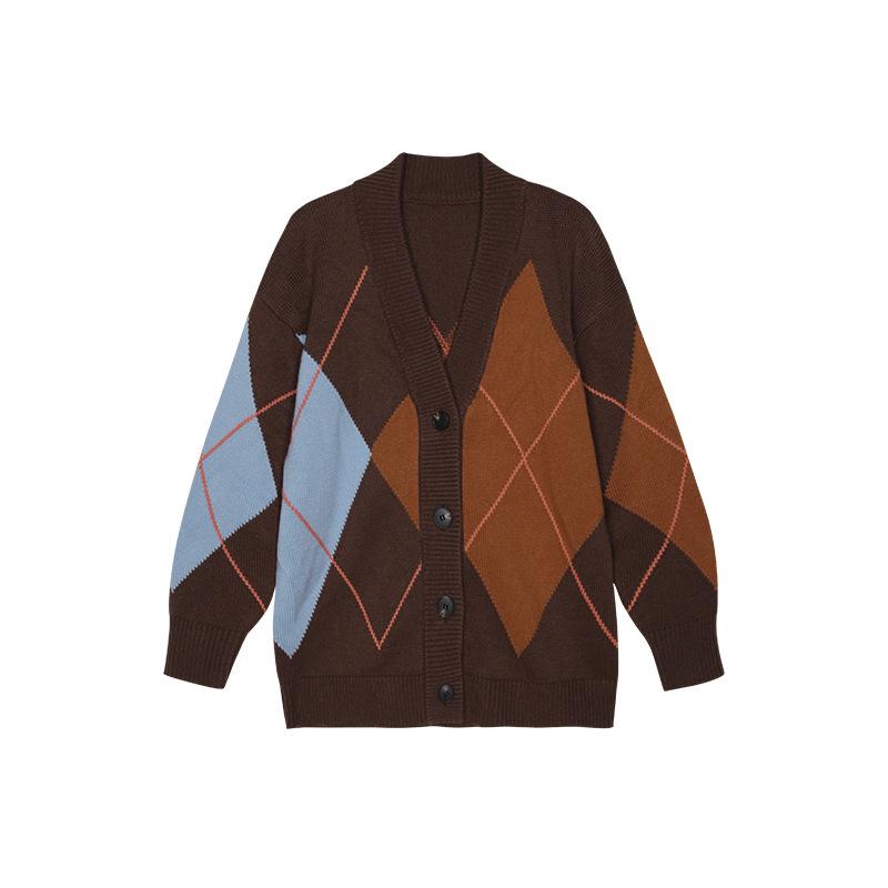 Hongshan Women's Brown V-Neck Diamond Pattern Wool Blend Cardigan Sweater