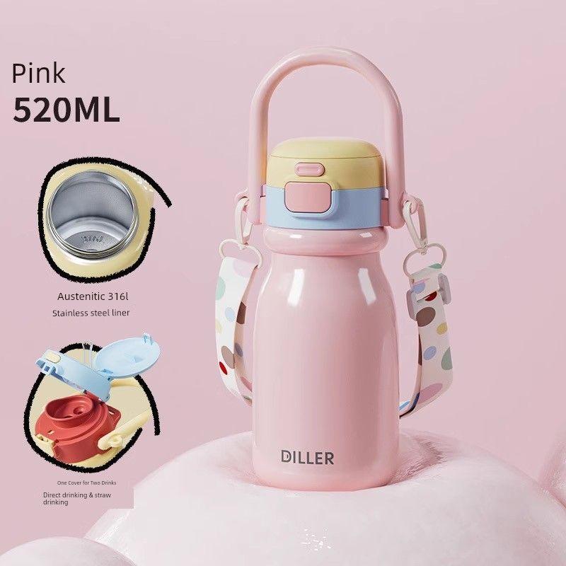 German Large-Capacity Thermos Cup for Girls, Stylish Water Bottle with Strap, Portable for Boys, Suitable for School Use, with a Straw