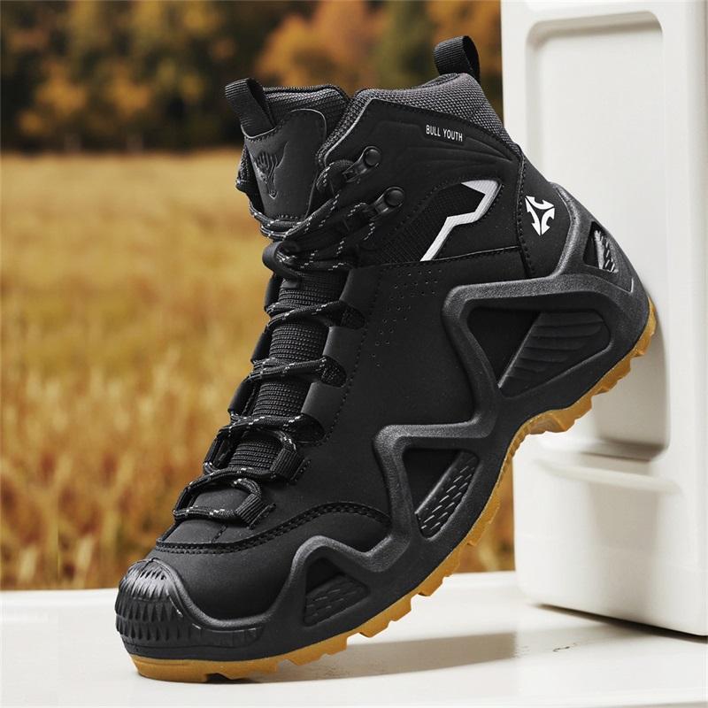 Мужские уличные походные ботинки Кожаные мужские ботильоны Зимняя обувь Нескользящие Высокие мужские рабочие ботинки Дышащие кроссовки для ходьбы