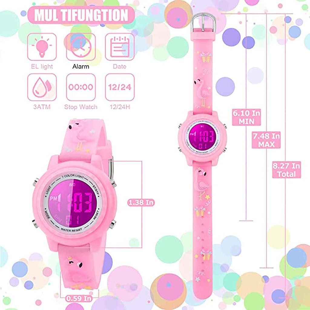 Toddler Boys Girls Kids Digital Children 3D Cute Cartoon 7 Colors Light Waterproof Sports Girls Boys Electronic Watch Years Old Watch, 5-15