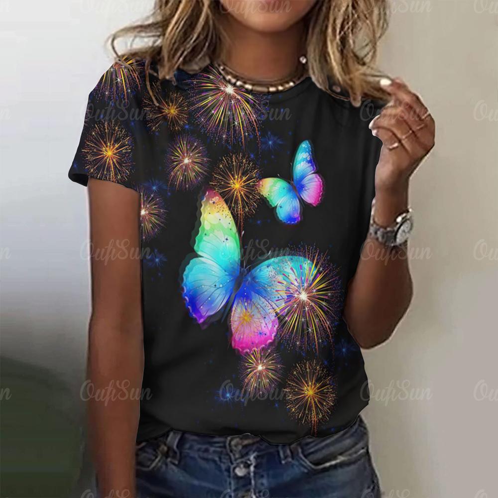 Женская футболка с принтом бабочки 3D, фиолетовая, с круглым вырезом, повседневная, женская, градиентная, топ Harajuku для девочек, с коротким рукавом, модная одежда