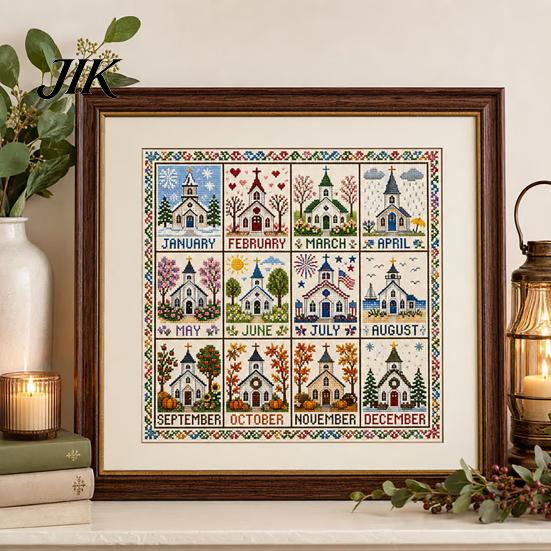Full Set Embroidery Thread Fabric 12-Month Cross Stitch Kit, DIY Four Seasons Seasonal Complete Needlework Supplies for Adults Stamped Stitching Craft