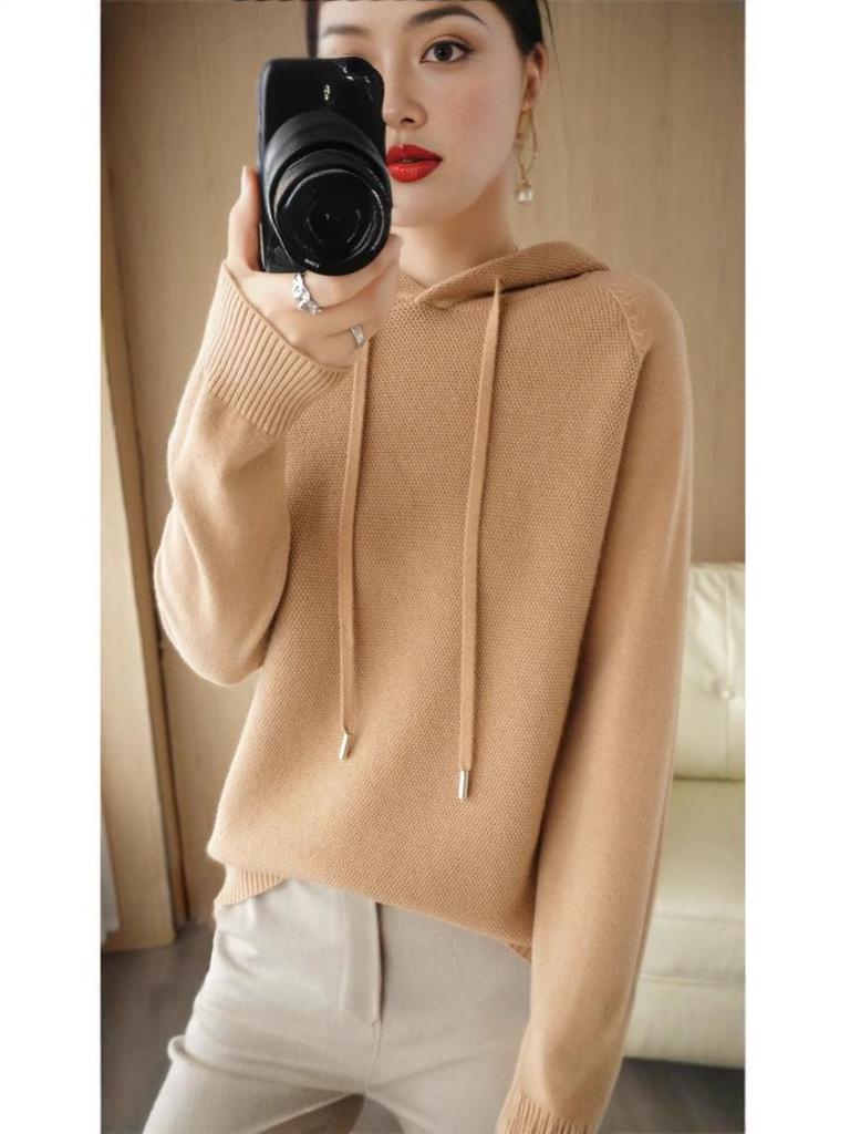 2025 Autumn/Winter Women's Hooded Knit Sweater - Long Sleeve, Solid Color, Loose Fit, Versatile Commuting Style
