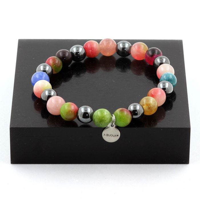 Bracelet Perles Tourmaline multicolore + Tourmaline melon d'eau + Hématite 8 mm