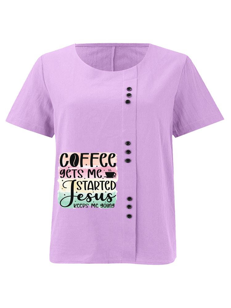 Women's Fashion Letter Pattern Print Round Neck Short Sleeve T-shirt Casual Cotton Linen Graphic Shirt Leisure Loose Summer Blouse Tops