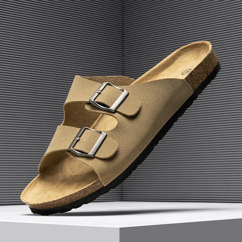 Модные летние мужские тапочки в британском стиле для подиума, модные сандалии для отдыха на природе, мужские тапочки из пробки, мягкие пляжные шлепанцы с двумя пряжками