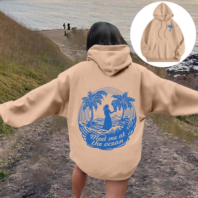 Женские толстовки с изображением пальмы Meet Me At The Ocean с принтом букв Толстовки-пуловеры с длинными рукавами Женская уличная толстовка с капюшоном