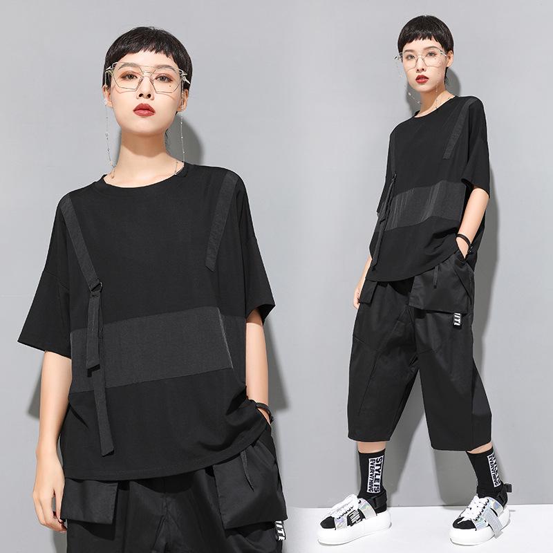 European & American Women's Summer Gothic Patchwork T-shirt, Round Neck, Short Sleeve, Trendy BF Style Streetwear.