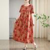 Summer New Vintage Cotton-Linen Printed Round-neck Short-Sleeve Dress for Women Loose Fit Large Size Slimming Design with Patchwork Pattern