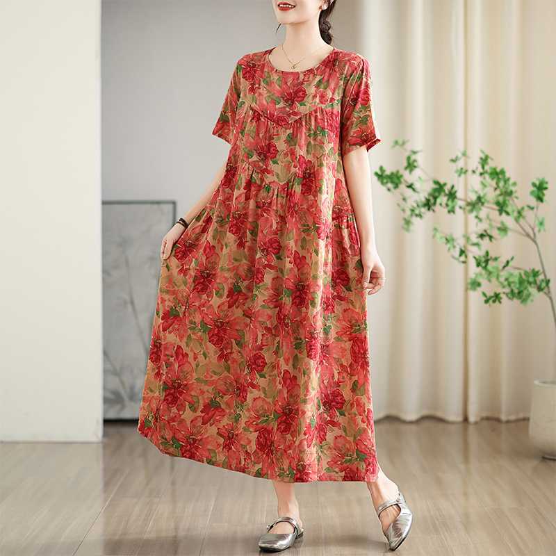 Summer New Vintage Cotton-Linen Printed Round-neck Short-Sleeve Dress for Women Loose Fit Large Size Slimming Design with Patchwork Pattern