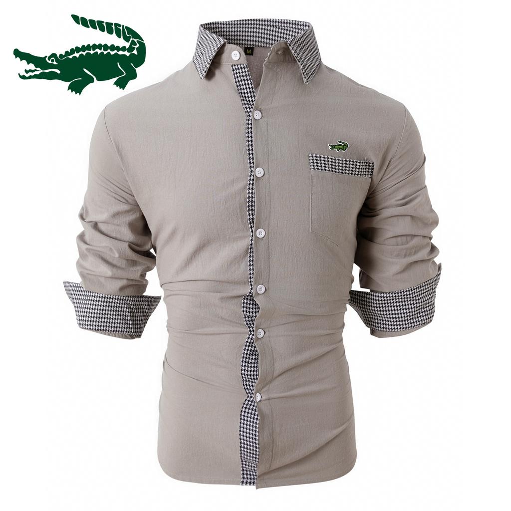 2024 Новая мужская рубашка из хлопка и льна в клетку в стиле пэчворк, мужская повседневная рубашка с длинными рукавами и вышивкой