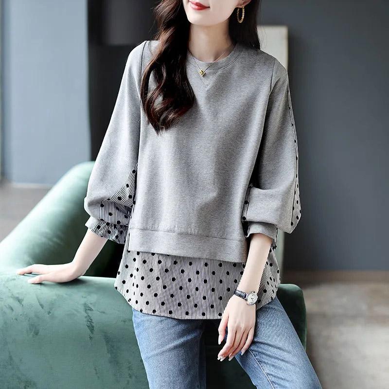 Spring and Autumn Sweatshirt Women Loose Casual Fake Two Piece Long Sleeve T-shirt Bottom Shirt Striped Polka Dot Comfortable Shirt Top