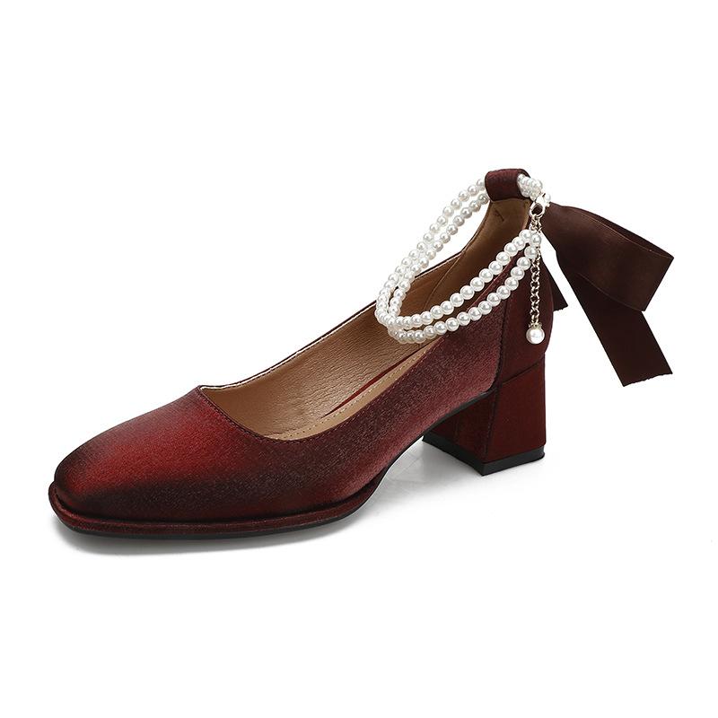 Корейская версия туфель на высоком каблуке с жемчужными бусинами и лентами в сказочном стиле, туфли Мэри Джейн на среднем каблуке, женские туфли с квадратной головкой и толстым каблуком, темпераментные туфли бабушки