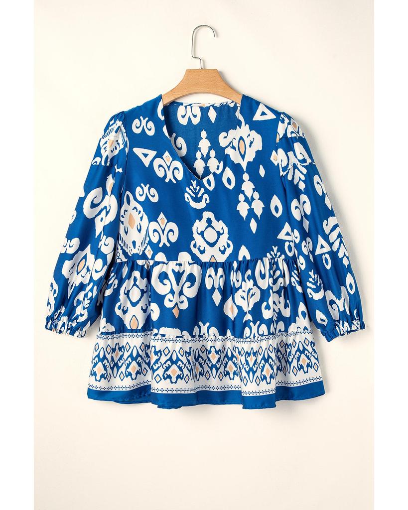 Azura Exchange Синяя блузка свободного кроя с геометрическим узором и рукавами 3/4