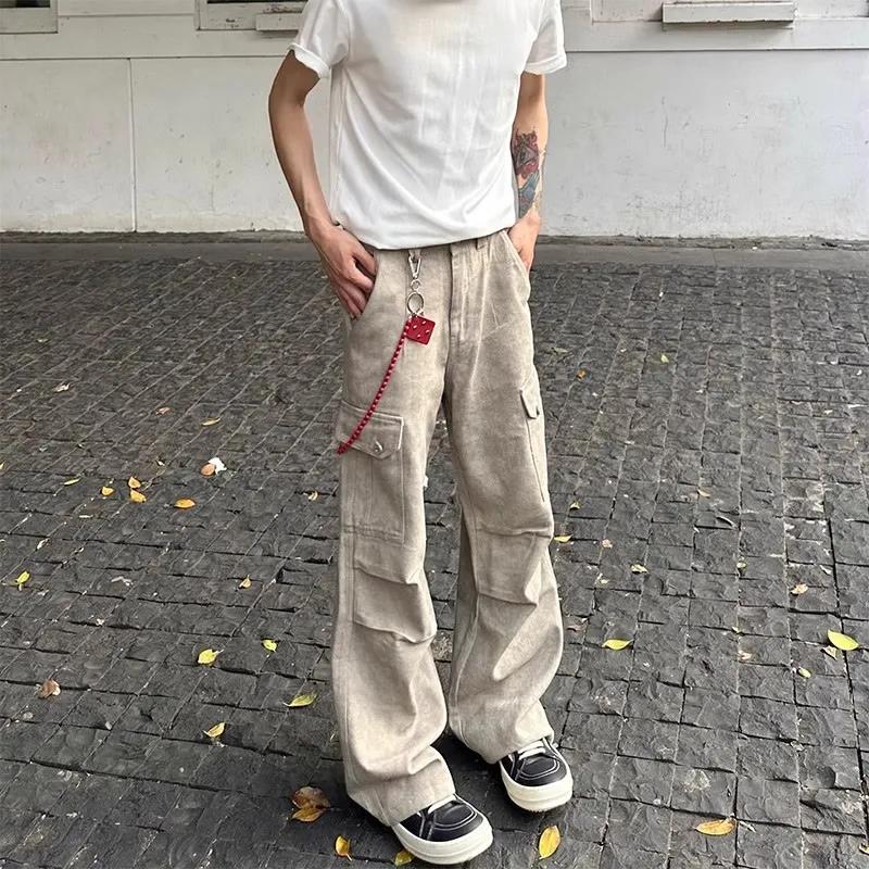 Мужская одежда Винтажные брюки с тай-дай Американские прямые джинсы Летние джинсы с карманами в сафари-стиле Модные джинсы с широкими штанинами, сшитые из разных материалов
