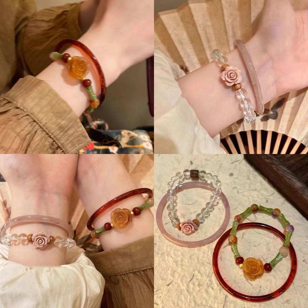 New Chinese Elegant Style Rose Flower Glass Beaded Bracelet For Women Handcrafted Vintage Jewelry Luxury