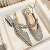 Fashion 2025 Summer Glitter Silver Shoes Ladies Low Heels Cover Toe Sandals Crystal Band Mary Jeans Slingback Woman Bling Bling Loafers
