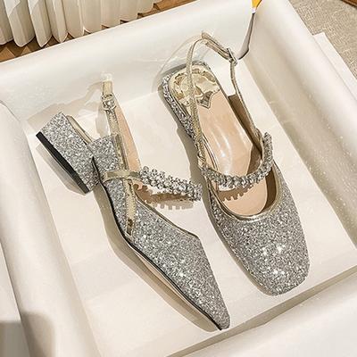 Мода 2025 Лето Блестящие Серебристые Туфли Женские Низкий Каблук Закрытый Носок Сандалии Кристальная Лента Мэри Джин Слингбэк Женские Блестящие Лоферы
