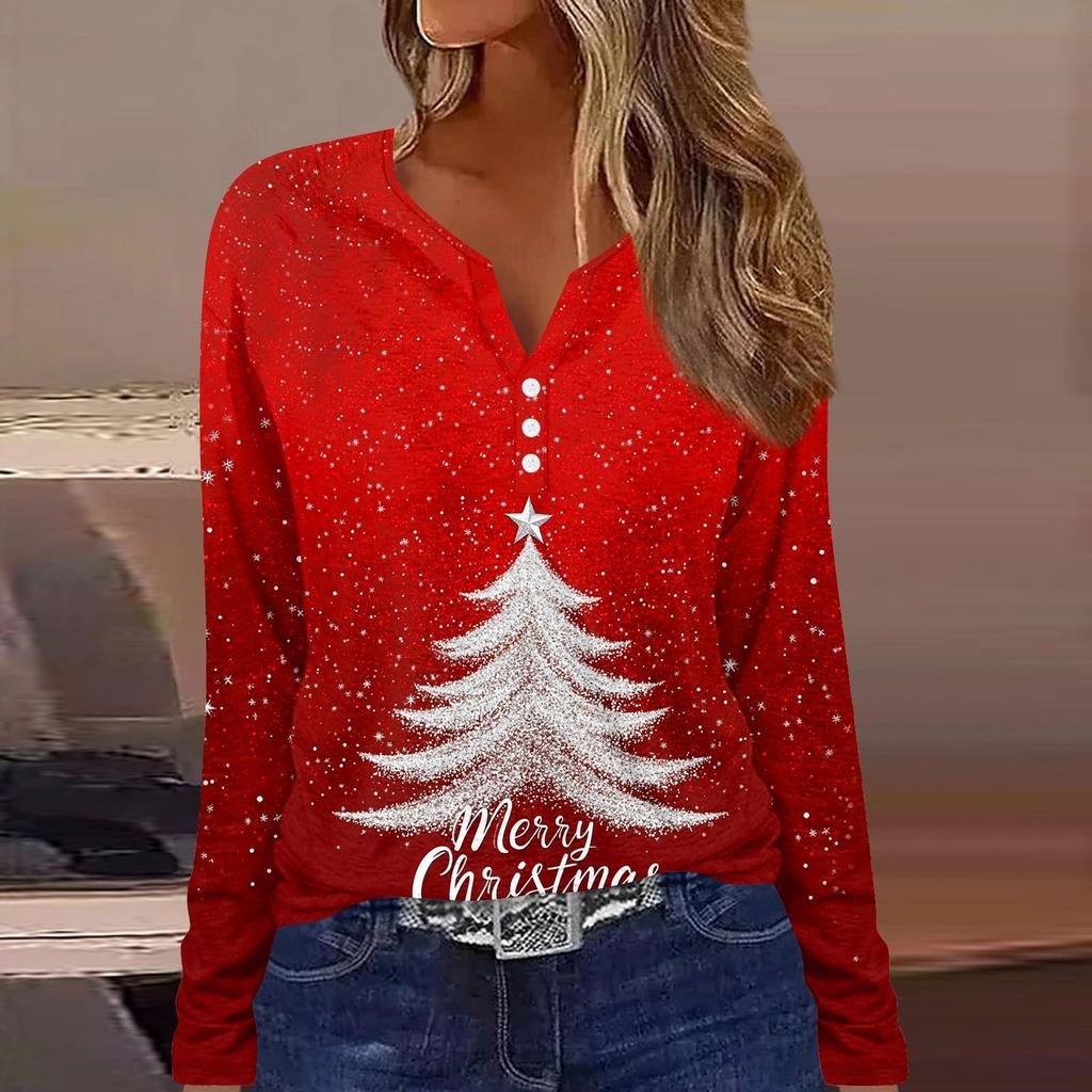 Женская футболка с пуговицами и рождественским принтом, длинный рукав, повседневная, выходного дня, модная, базовая, с V-образным вырезом, обычная
