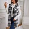Lady Spring Fall Waistcoat Turn-down Collar Plaid Print Sleeveless Loose Single-breasted Mid Length Vest Coat School Commuting Outerwear