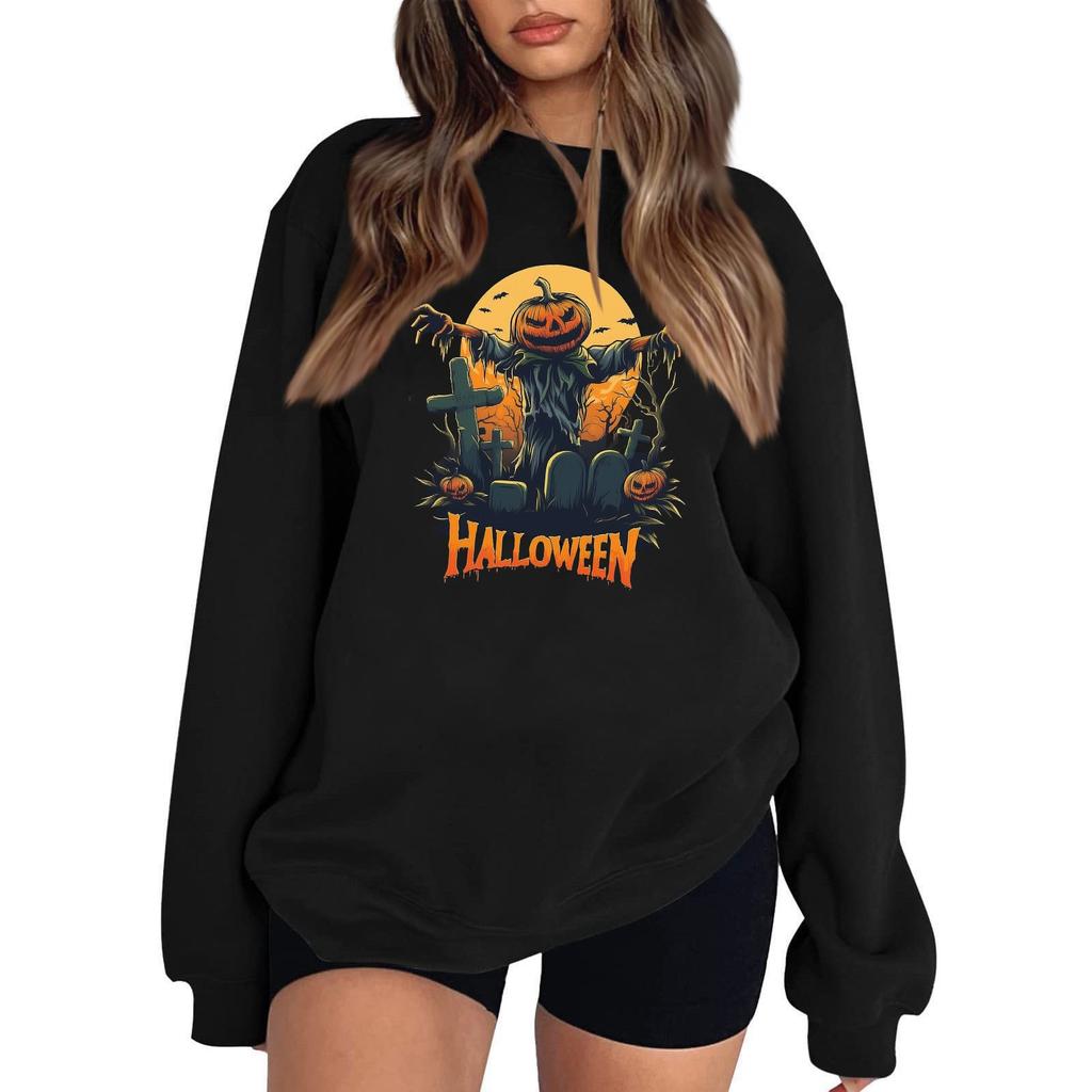 Women's Casual Round Neck Long Sleeved Pullover, Halloween Printed Top, Long Sleeved Hoodie