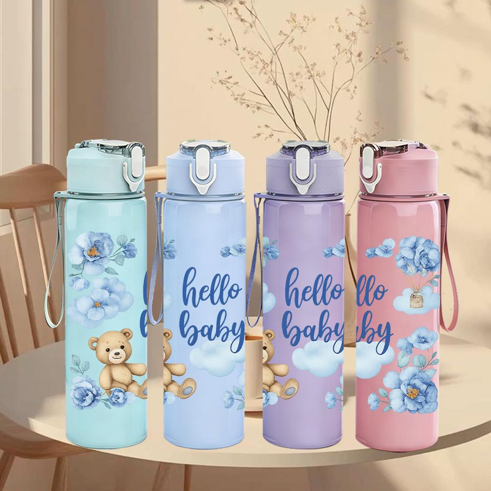 1PC Blue Watercolor Baby Bear 750ml Color Plastic Sports Water Bottle Leakproof Flip Straw Lid For Sports Office Home Use