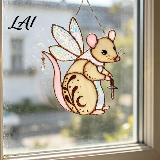 Animal Light Catcher Fairy Mouse Suncatcher Stained Glass Style Acrylic Window Hanging Ornament Woodland Fantasy Colorful Shadow Display for