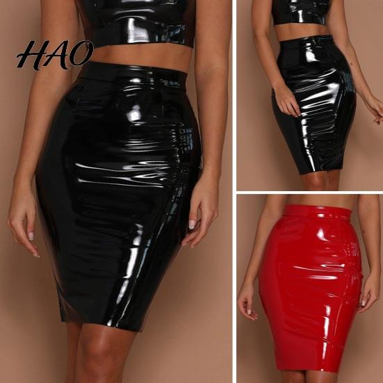 Slimming High Waist Skirt Women Club Faux Leather Skinny Sheath Zipper Closure Solid Knee Length Color Glossy Surface Slim Fit Lady Party Dating