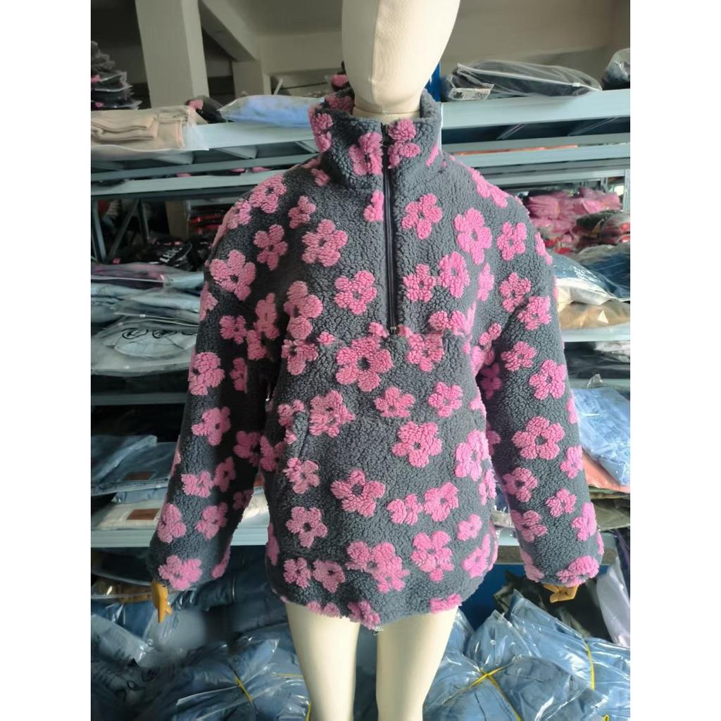 Fall Winter Women's Fleece Floral Sweatshirt Warm Fluffy Pullover Fashion Casual Top, European & American Style