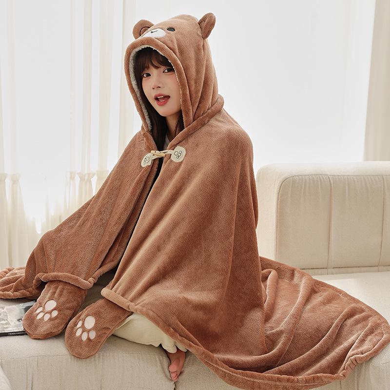 Уютная шаль с кроличьими ушками для осени и зимы - Толстое, милое одеяло для офиса, студентов или для сна