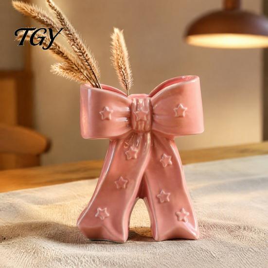 Flower Arrangement Pot Ceramic Bow Vase with Star, Decorative Flowers Vase, Creative Chic Room Decor Gifts Holder for Living Table Centerpiece