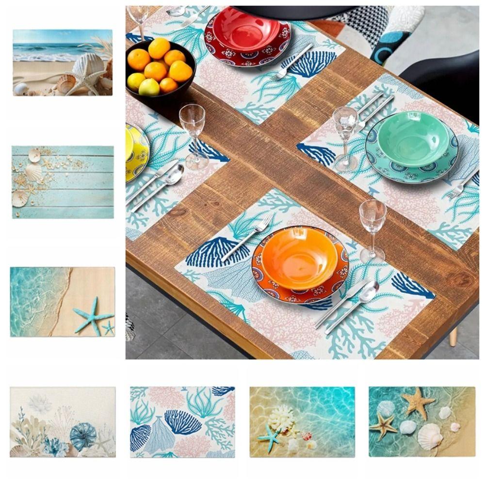 Seashells Linen Placemat Anti Slip Tableware Pad Summer Beach Placemat Table Decoration